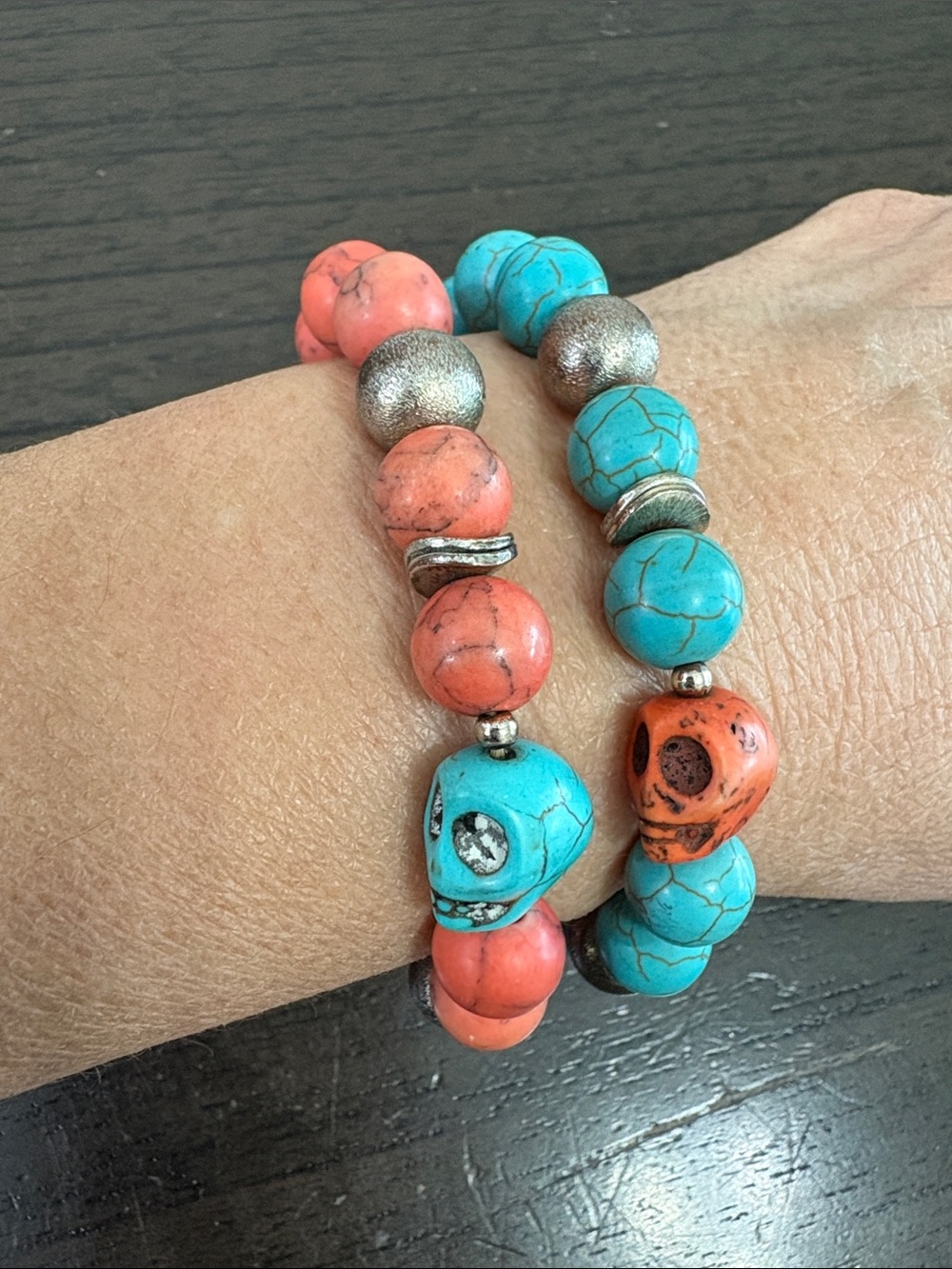 Turquoise & Coral Beaded Skull Stretch Bracelet Set